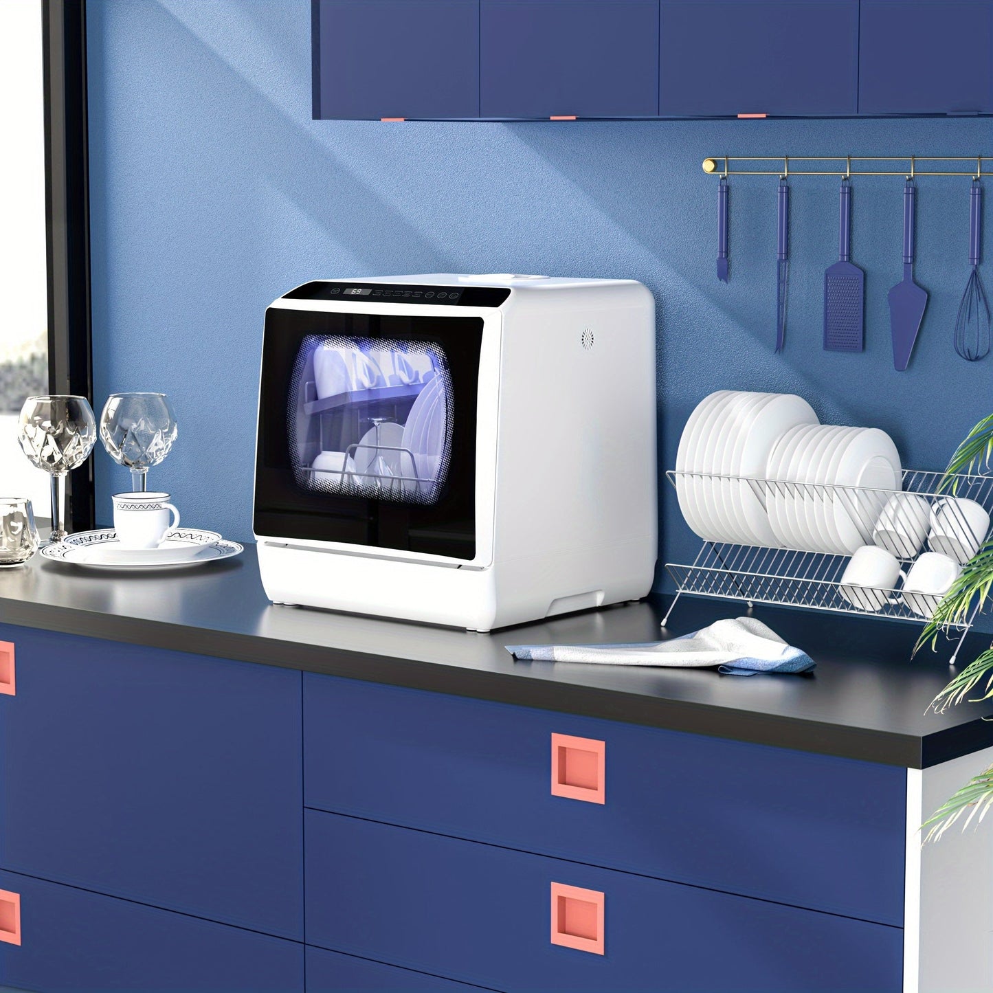 AE-TDQR03 Portable Countertop Dishwasher – Compact Mini with 5L Water Tank, Air-Dry Function, 5 Washing Programs – Baby Care, Glass and Fruit Wash, White/Black