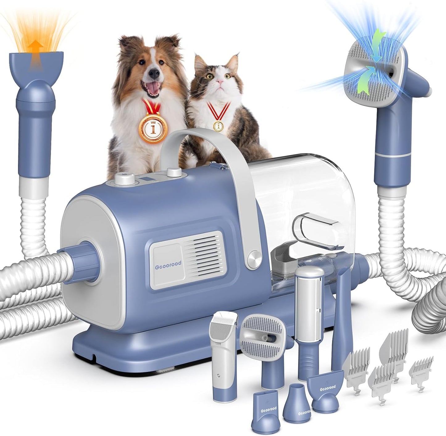 Dog Grooming All-in-One Kit with Vacuum Brush 2.5L Large Pog, Stainless Steel Blades Lightweight Design 13KPa Suction Force Portable Cleaning Set